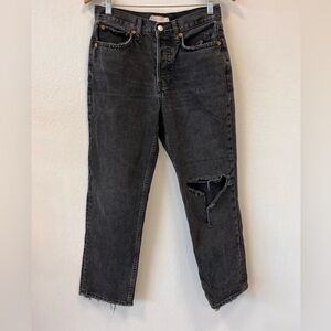 Topshop Petite Distressed High Rise Straight Leg Black Denim Dad‎ Jeans W28 L28